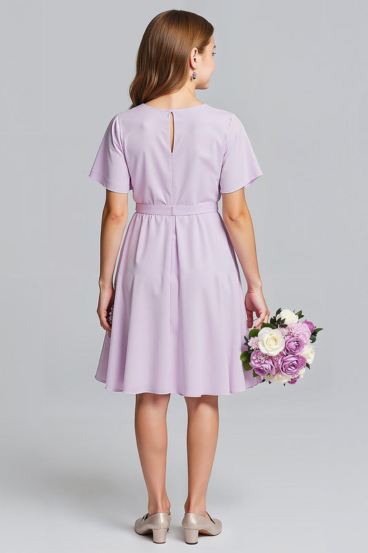 Robe de demoiselle d'honneur junior midi évasée en mousseline violette à encolure en V et manches courtes