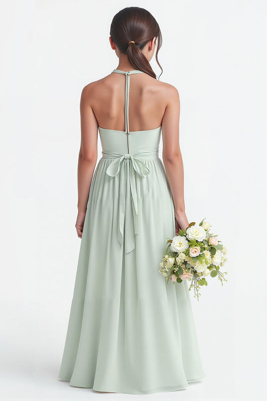 Robe de demoiselle d'honneur longue A-line en mousseline vert sauge à col halter pour adolescente