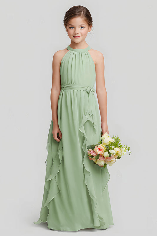 Robe longue de demoiselle d'honneur junior trapèze en mousseline vert sauge à col licou