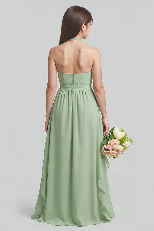 Robe longue de demoiselle d'honneur junior trapèze en mousseline vert sauge à col licou