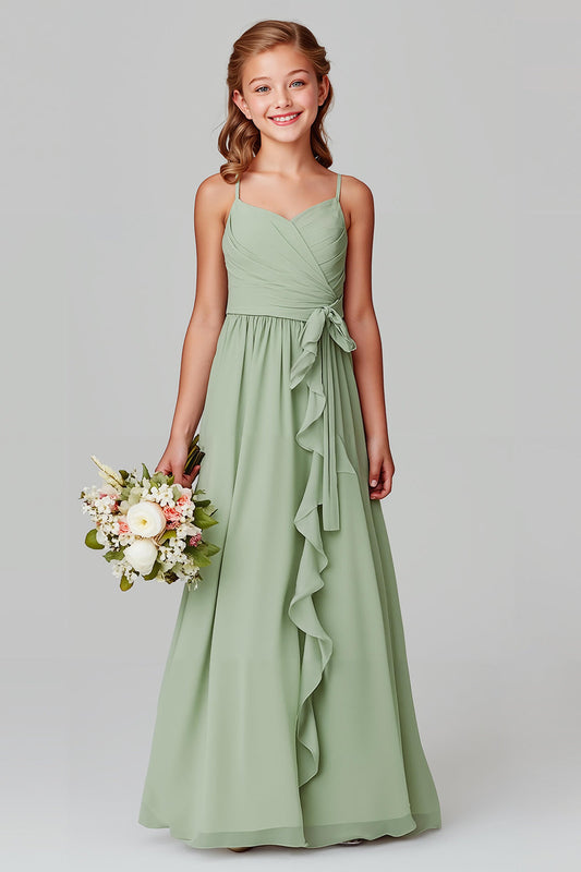 Robe longue en mousseline de soie évasée vert sauge à fines bretelles pour demoiselle d'honneur junior