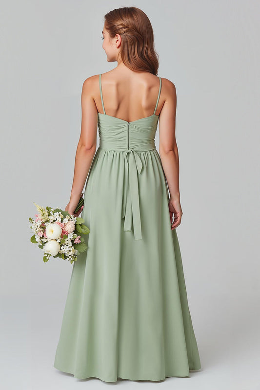 Robe longue en mousseline de soie évasée vert sauge à fines bretelles pour demoiselle d'honneur junior