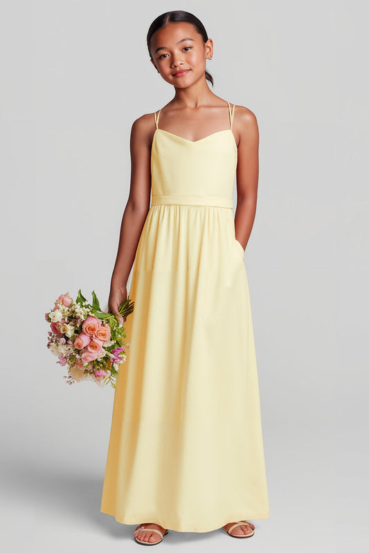 Robe longue de demoiselle d'honneur junior en mousseline de soie à fines bretelles et coupe trapèze couleur jonquille