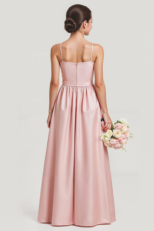 Robe de demoiselle d'honneur longue en satin coupe trapèze à fines bretelles et blush simple