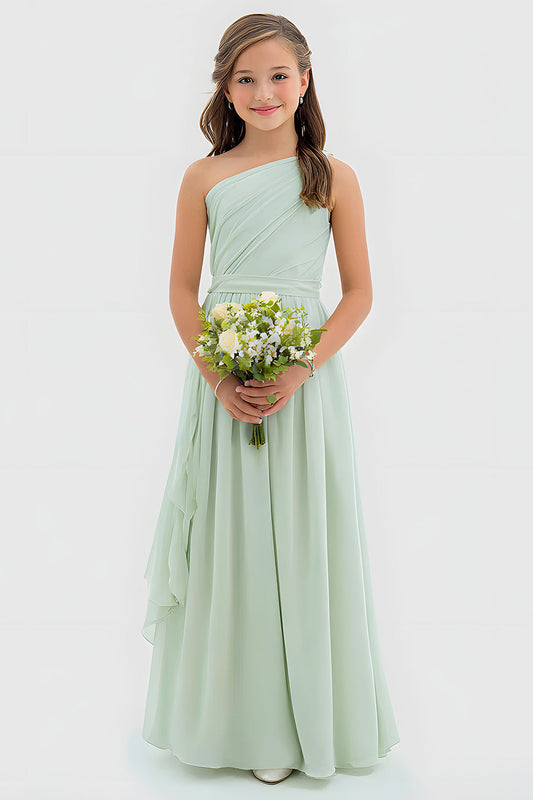 Robe longue de demoiselle d'honneur junior en mousseline de soie, coupe trapèze, une épaule, vert sauge