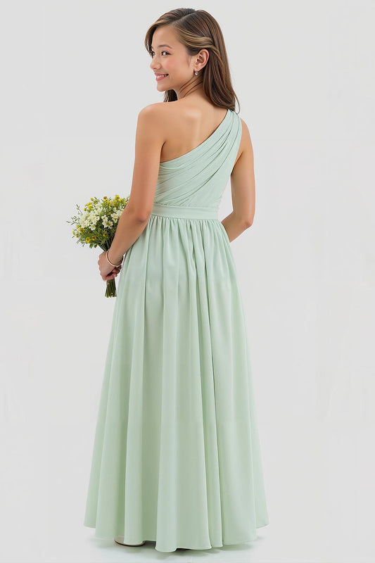 Robe longue de demoiselle d'honneur junior en mousseline de soie, coupe trapèze, une épaule, vert sauge