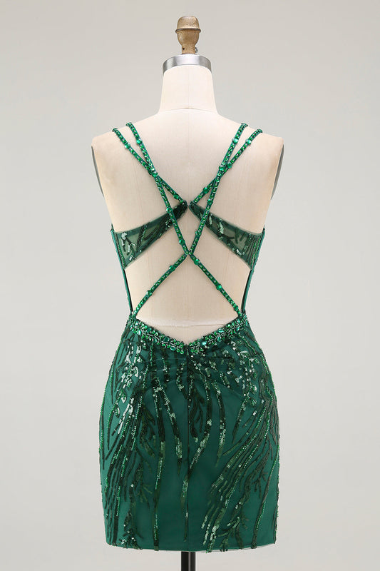 Robe de bal courte moulante vert foncé brillante sans dos avec corset et sequins