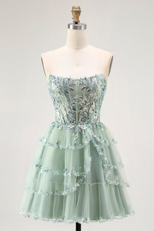 Robe de demoiselle d'honneur trapèze fendue fleurie vert sauge