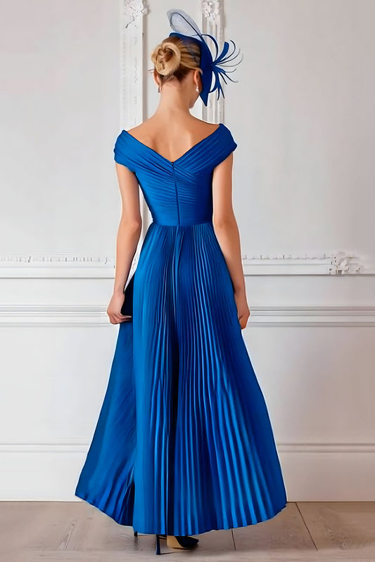 Royal Blue Off-the-Shoulder Satin A-Line Mother of the Bride Dress