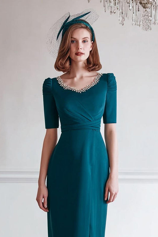 Robe fourreau en mousseline bleu paon, col bateau, fendue, pour mère de la mariée