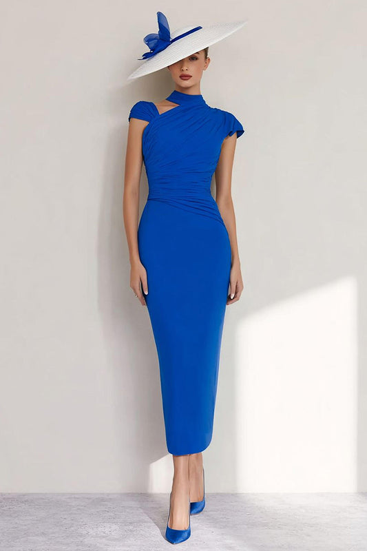 Robe fourreau dos-nu bleu roi en mousseline pour mère de la mariée