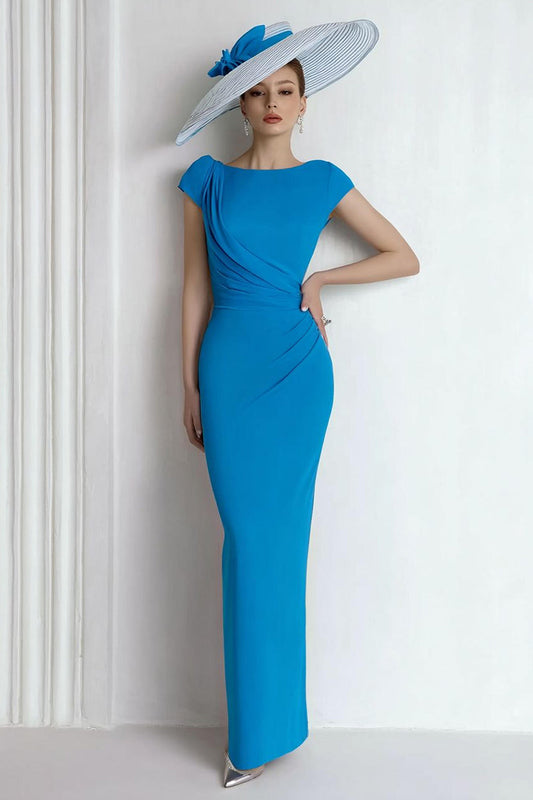 Fourreau mousseline bleu encolure bateau Robe Mère de la mariée avec manches courtes