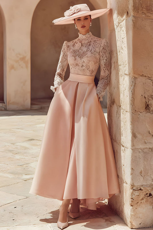 Robe longue de mère de la mariée trapèze à col montant rose bonbon avec dentelle