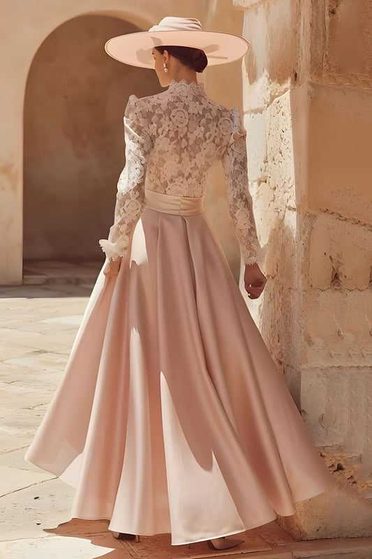 Robe longue de mère de la mariée trapèze à col montant rose bonbon avec dentelle