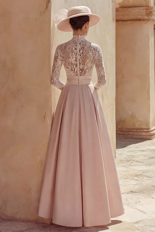 Robe longue trapèze rose bonbon à col montant et dentelle pour mère de la mariée