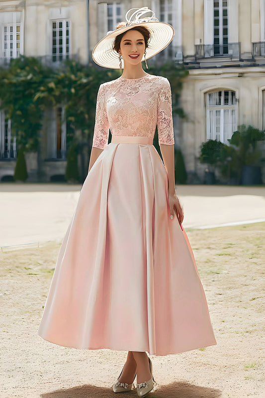 Robe longue de mère de la mariée en satin ligne A rose poudré avec dentelle