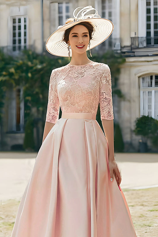 Robe longue de mère de la mariée en satin ligne A rose poudré avec dentelle