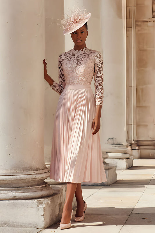 Robe de mère de la mariée mi-longue plissée ligne A en mousseline rose blush avec dentelle