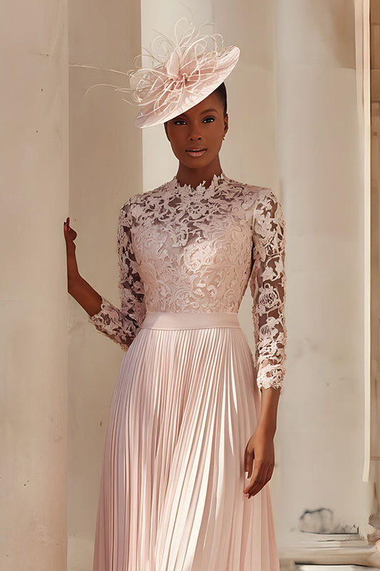 Robe de mère de la mariée mi-longue plissée ligne A en mousseline rose blush avec dentelle