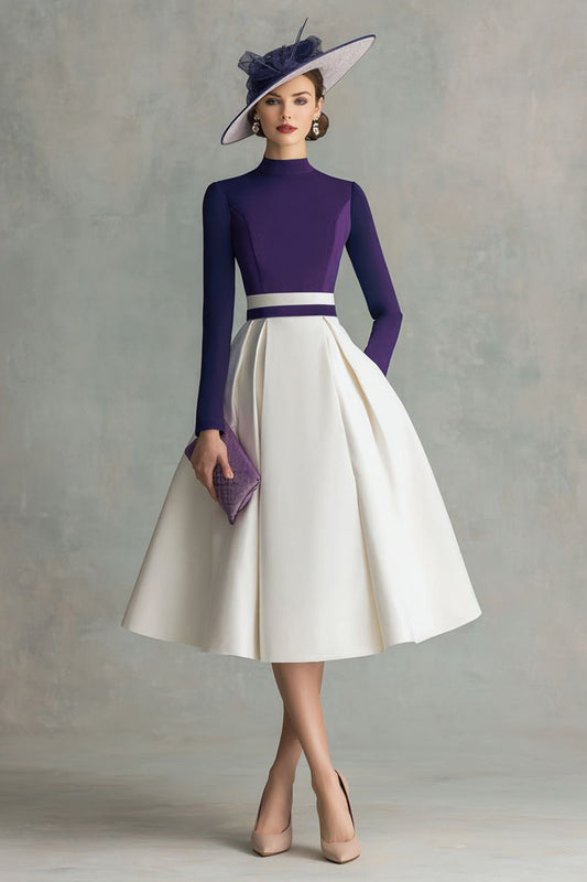 Robe midi de demoiselle d'honneur trapèze en satin prune avec col montant et manches