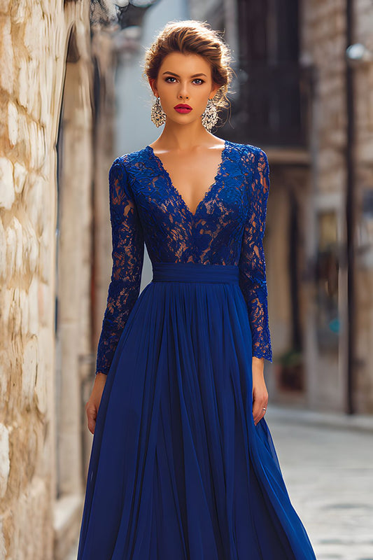 Robe bleu foncé en mousseline de soie col en V à manches longues pour mère de la mariée avec dentelle