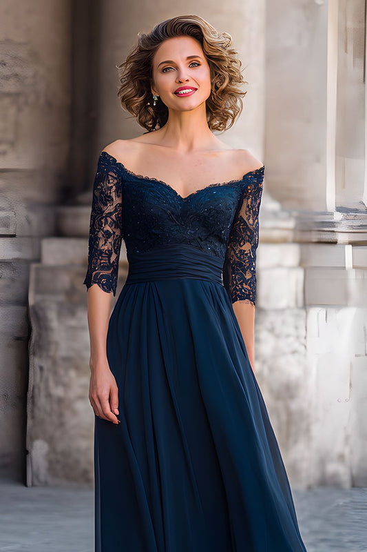 Navy A Line Long Off the Shoulder Mother of the Bride Dress with Lace
