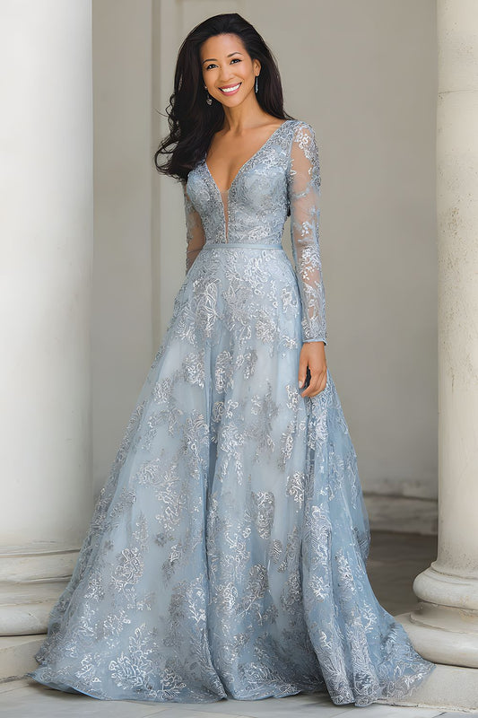 Silver A Line V-Neck Long Mother of the Bride Dress with Beading