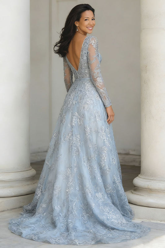 Silver A Line V-Neck Long Mother of the Bride Dress with Beading