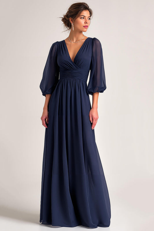 Robe de mère de la mariée longue ligne A en V marine avec manches