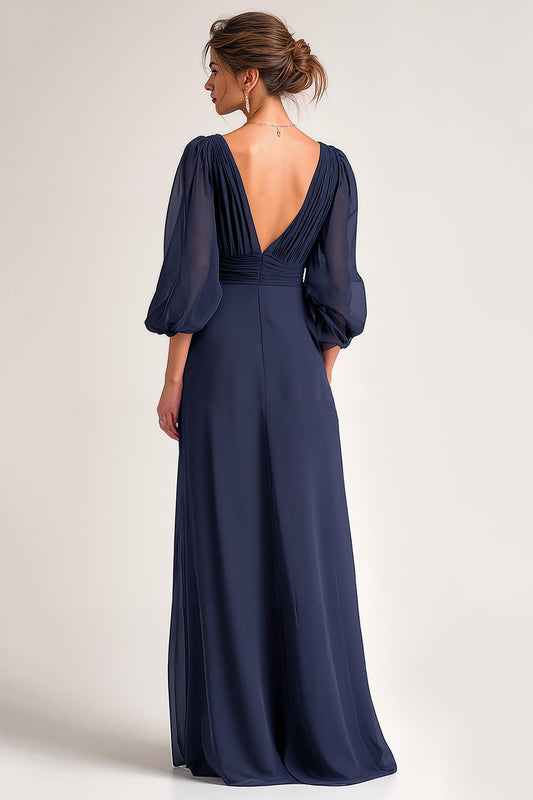 Robe de mère de la mariée longue ligne A en V marine avec manches