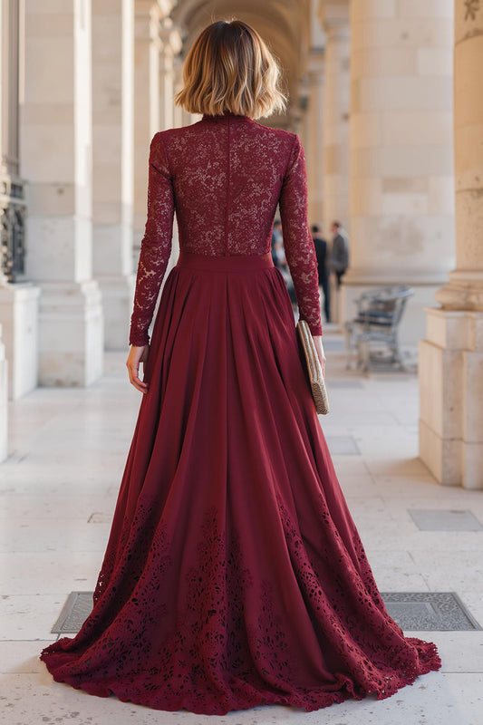 Burgundy A-Line High Neck Applique Mother of the Bride Dress