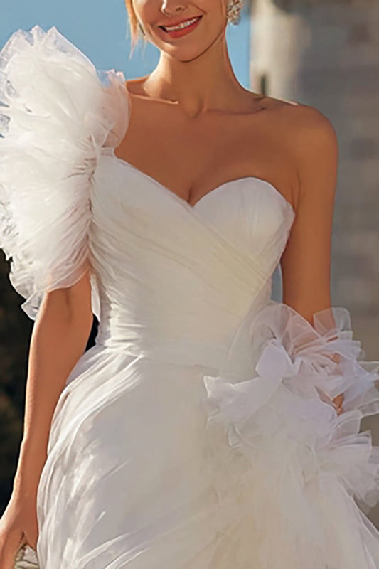 Robe de fiançailles courte moulante en tulle ivoire à une épaule