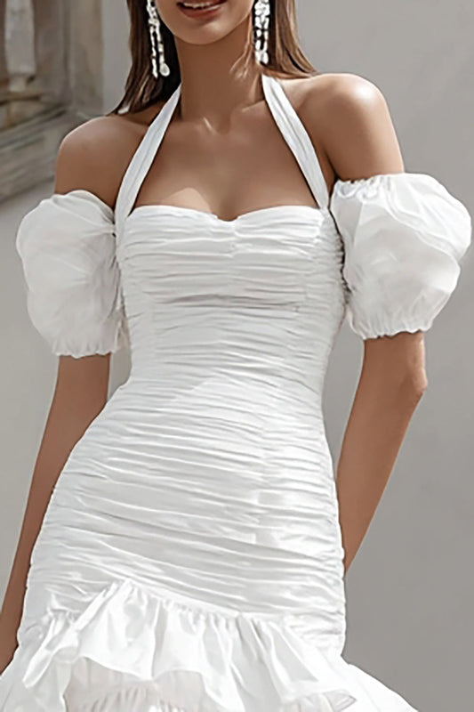 Robe de fiançailles courte ajustée ivoire à volants et licou