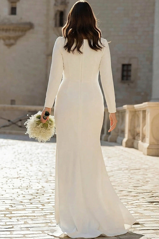 Ivory Bateau Neck Bodycon Ruched Satin Plus Size Wedding Dress with Slit