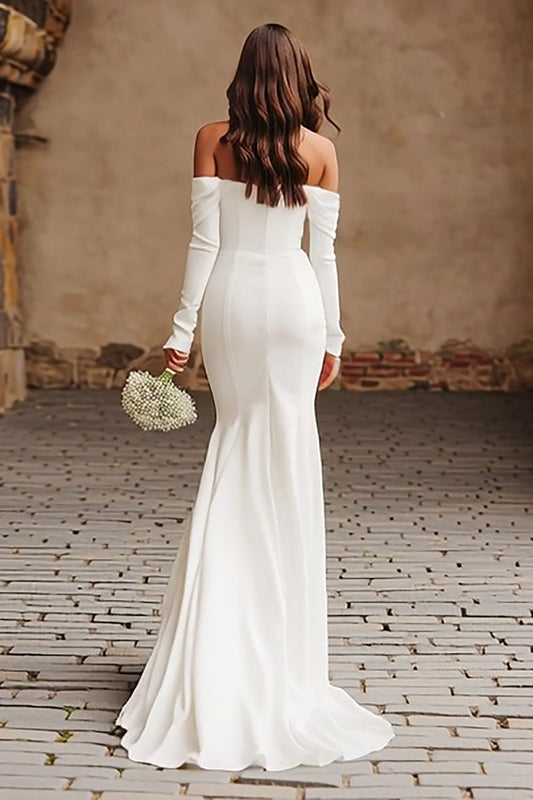 Robe de mariée sirène ivoire à épaules dénudées, manches longues et fente