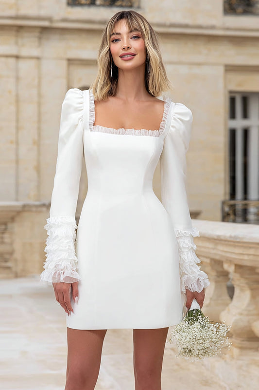 Ivory Crepe Square Neck Short Wedding Dress with Ruffles