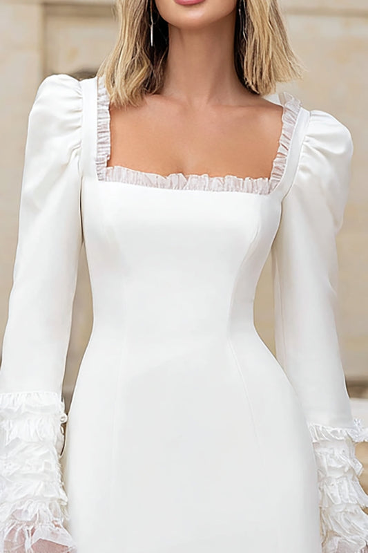 Ivory Crepe Square Neck Short Wedding Dress with Ruffles