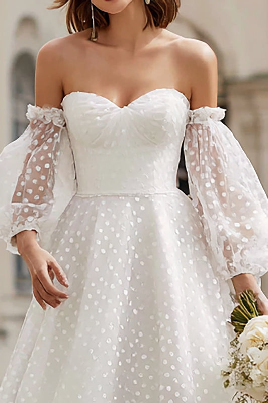 Ivory Tulle A-Line Off-the-Shoulder Tea-Length Wedding Dress