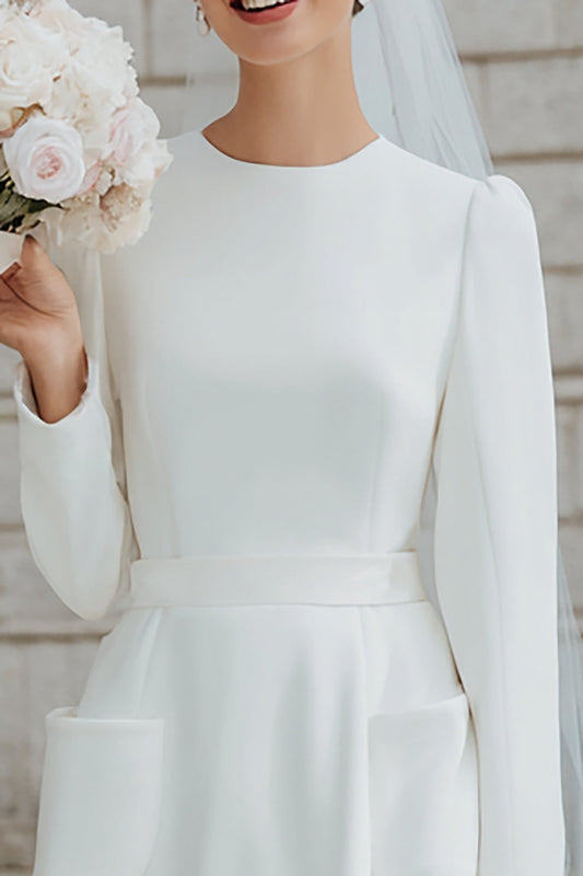 Ivory Crepe A-Line Long-Sleeve Midi Wedding Dress with Pockets
