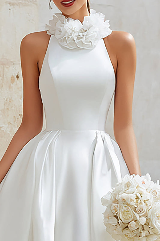 White A-Line Halter Wedding Dress with Ruffles