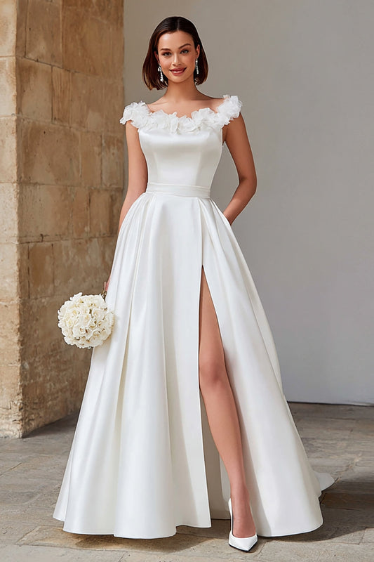 Ivory Satin A-Line Sweep Train Wedding Dress with Slit