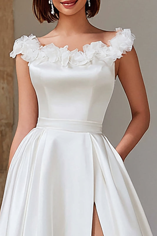 Ivory Satin A-Line Sweep Train Wedding Dress with Slit