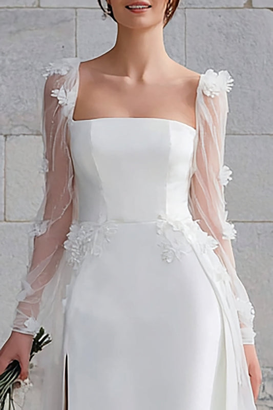 Ivory Square Neck A-Line Sweep Train Wedding Dress with Flowers