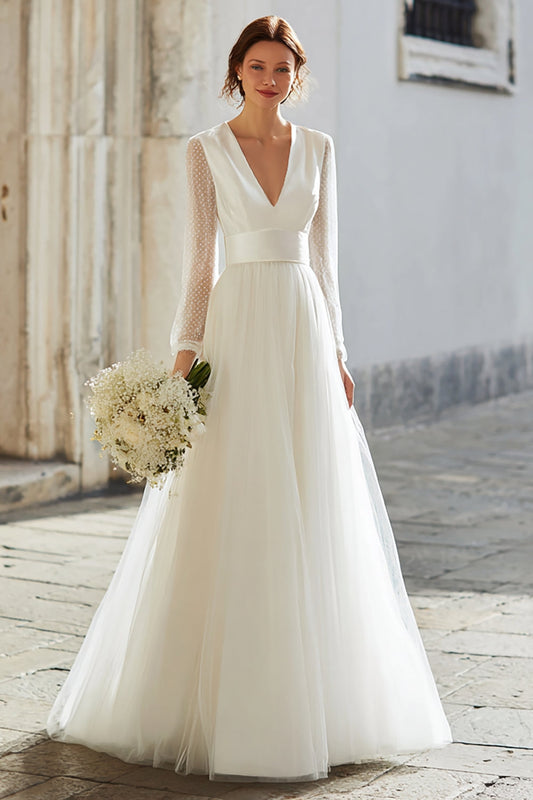Elegant Ivory V-Neck A-Line Maxi Wedding Dress with Sleeves