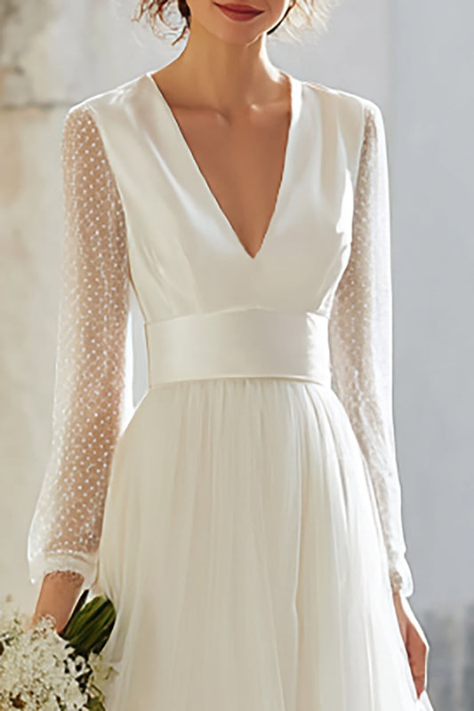 Elegant Ivory V-Neck A-Line Maxi Wedding Dress with Sleeves