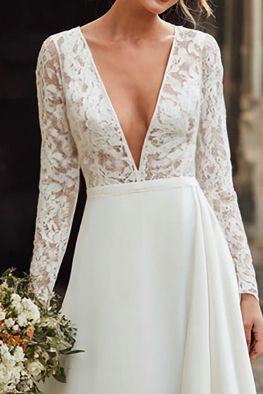 Ivory Beach Deep V-Neck A-Line Wedding Dress with Lace