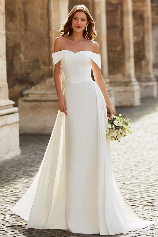 Elegant Ivory Off-the-Shoulder A-Line Long Wedding Dress