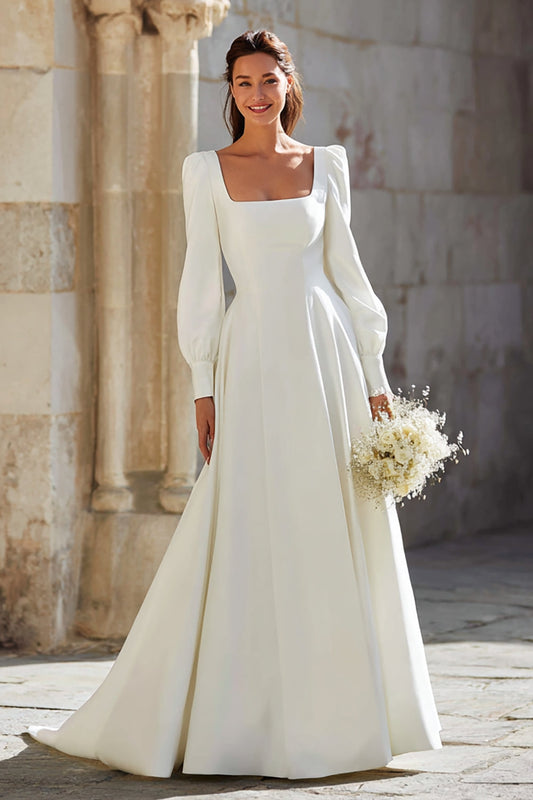 Simple Ivory Square Neck Sweep Train A-Line Wedding Dress with Sleeves