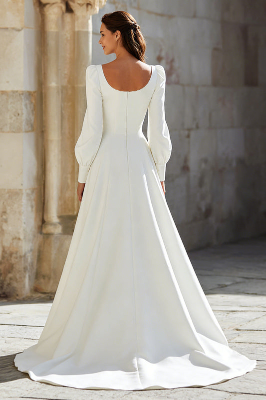 Simple Ivory Square Neck Sweep Train A-Line Wedding Dress with Sleeves