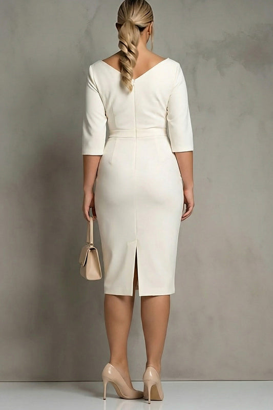 Ivory Plus Size Sheath Cowl Neck Midi Work Dress with Half Sleeves